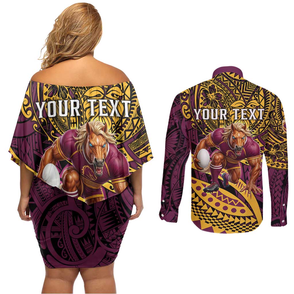 Personalised Brisbane Broncos Couples Matching Off Shoulder Short Dress and Long Sleeve Button Shirt Polynesian Pattern Warrior Horse Rugby