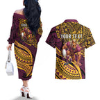 Personalised Brisbane Broncos Couples Matching Off The Shoulder Long Sleeve Dress and Hawaiian Shirt Polynesian Pattern Warrior Horse Rugby