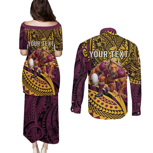 Personalised Brisbane Broncos Couples Matching Puletasi and Long Sleeve Button Shirt Polynesian Pattern Warrior Horse Rugby