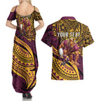 Personalised Brisbane Broncos Couples Matching Summer Maxi Dress and Hawaiian Shirt Polynesian Pattern Warrior Horse Rugby