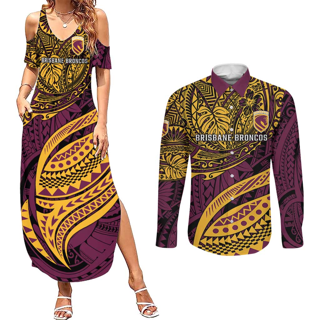 Personalised Brisbane Broncos Couples Matching Summer Maxi Dress and Long Sleeve Button Shirt Polynesian Pattern Warrior Horse Rugby