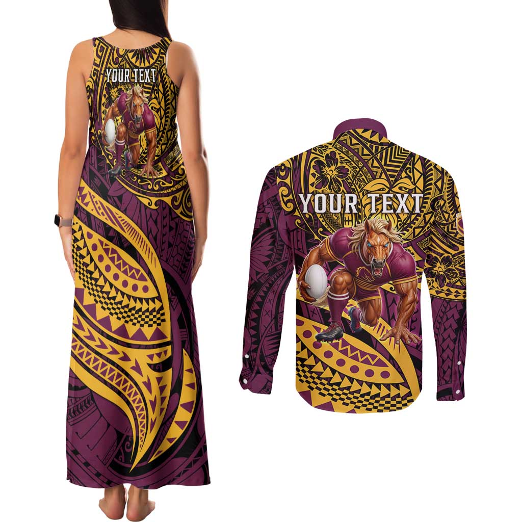 Personalised Brisbane Broncos Couples Matching Tank Maxi Dress and Long Sleeve Button Shirt Polynesian Pattern Warrior Horse Rugby