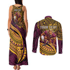 Personalised Brisbane Broncos Couples Matching Tank Maxi Dress and Long Sleeve Button Shirt Polynesian Pattern Warrior Horse Rugby