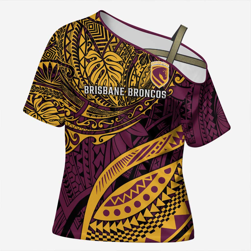 Personalised Brisbane Broncos Cross Shoulder Shirt Polynesian Pattern Warrior Horse Rugby