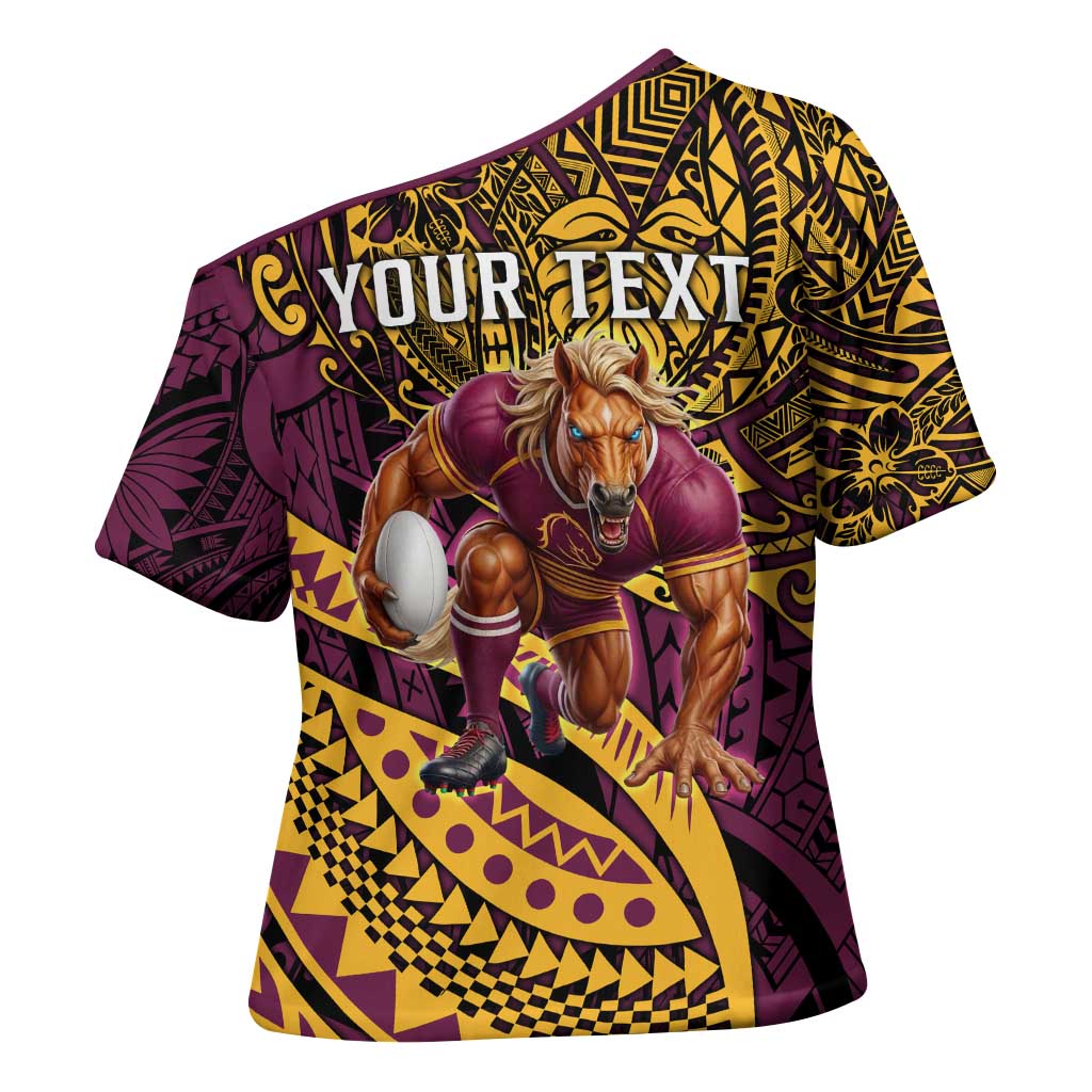 Personalised Brisbane Broncos Cross Shoulder Shirt Polynesian Pattern Warrior Horse Rugby