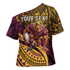 Personalised Brisbane Broncos Cross Shoulder Shirt Polynesian Pattern Warrior Horse Rugby