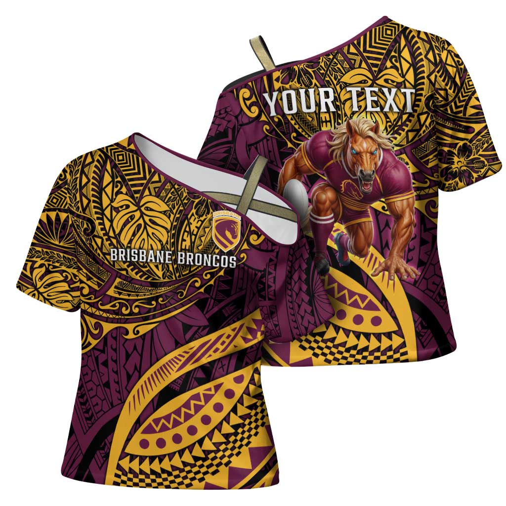 Personalised Brisbane Broncos Cross Shoulder Shirt Polynesian Pattern Warrior Horse Rugby