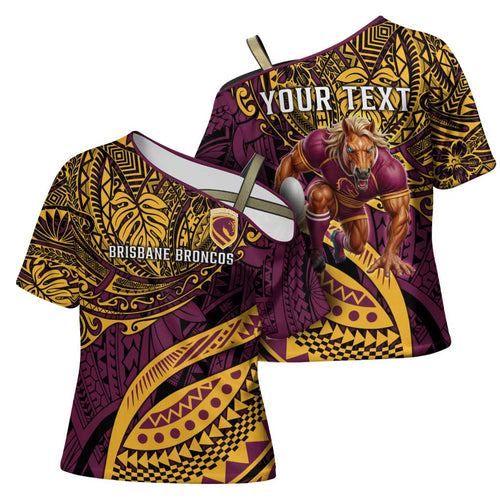 Personalised Brisbane Broncos Cross Shoulder Shirt Polynesian Pattern Warrior Horse Rugby