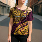 Personalised Brisbane Broncos Cross Shoulder Shirt Polynesian Pattern Warrior Horse Rugby