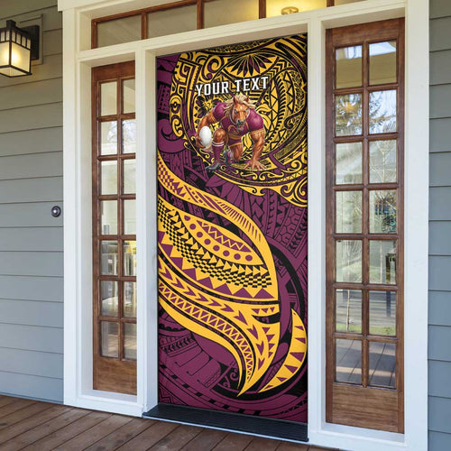Personalised Brisbane Broncos Door Cover Polynesian Pattern Warrior Horse Rugby