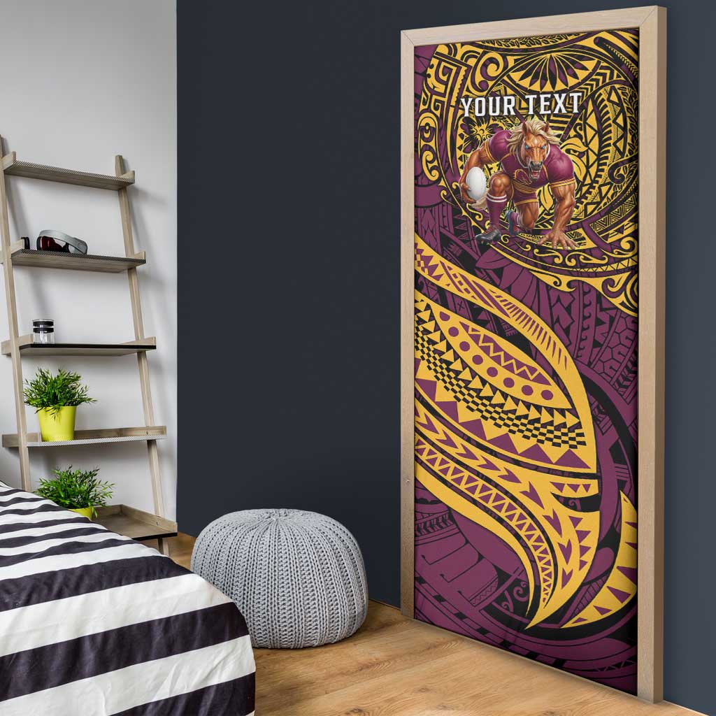 Personalised Brisbane Broncos Door Cover Polynesian Pattern Warrior Horse Rugby