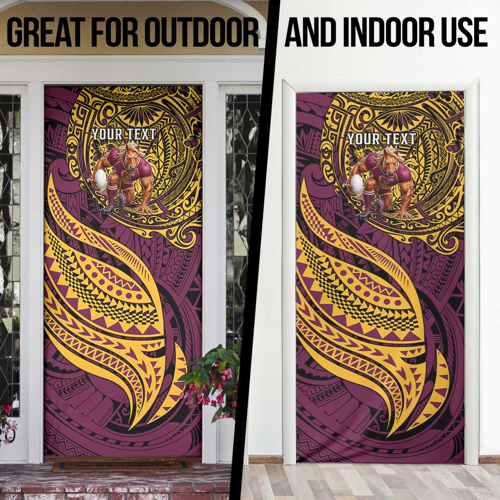 Personalised Brisbane Broncos Door Cover Polynesian Pattern Warrior Horse Rugby