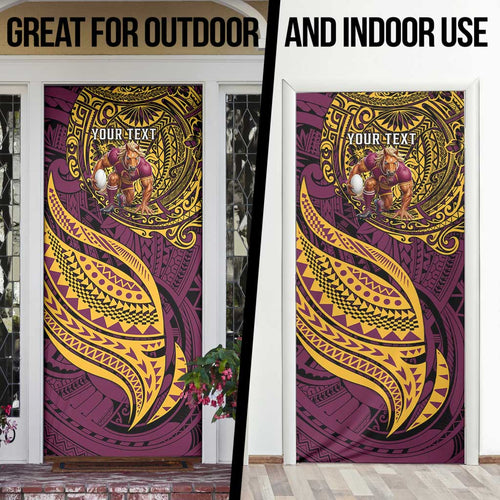 Personalised Brisbane Broncos Door Cover Polynesian Pattern Warrior Horse Rugby