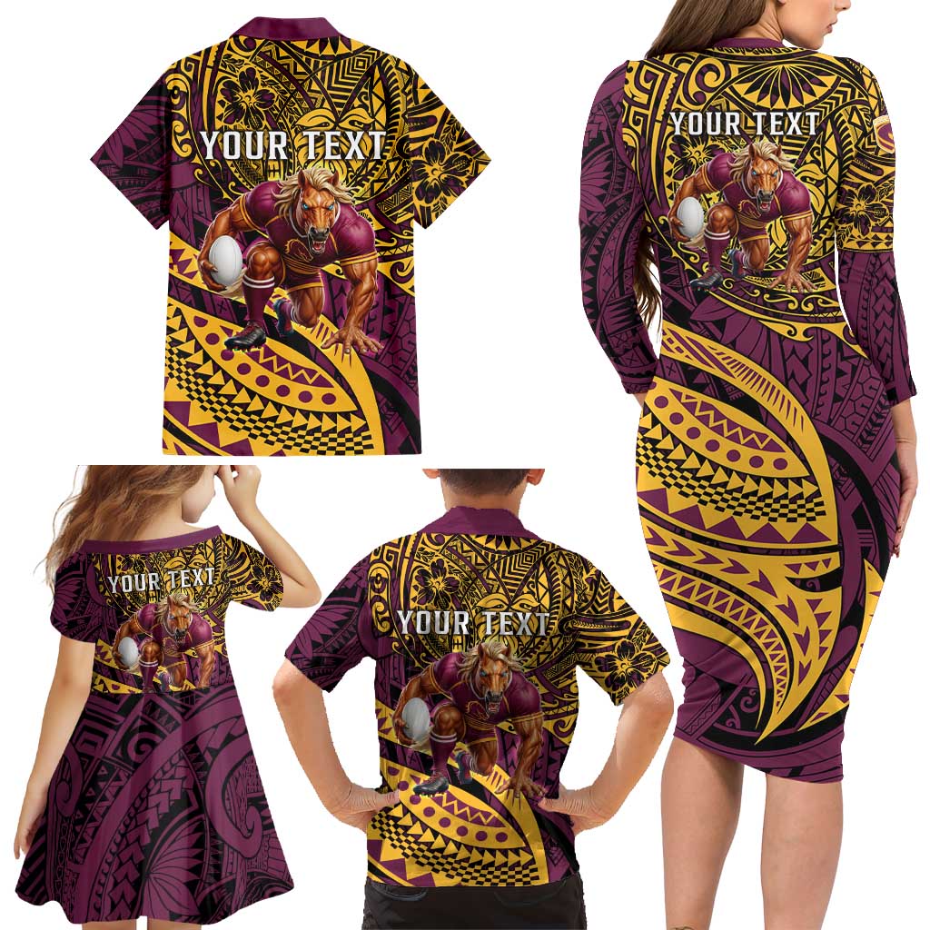 Personalised Brisbane Broncos Family Matching Long Sleeve Bodycon Dress and Hawaiian Shirt Polynesian Pattern Warrior Horse Rugby