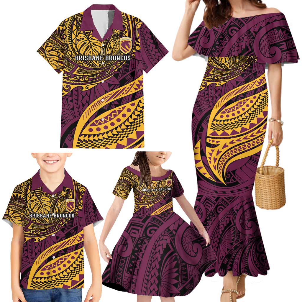 Personalised Brisbane Broncos Family Matching Mermaid Dress and Hawaiian Shirt Polynesian Pattern Warrior Horse Rugby