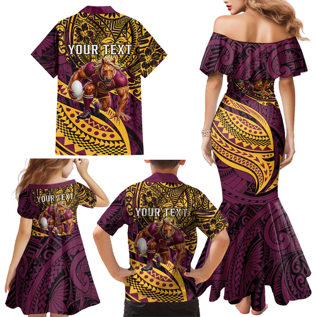 Personalised Brisbane Broncos Family Matching Mermaid Dress and Hawaiian Shirt Polynesian Pattern Warrior Horse Rugby
