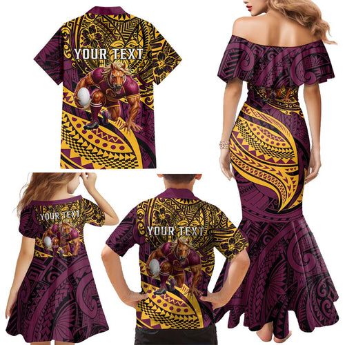 Personalised Brisbane Broncos Family Matching Mermaid Dress and Hawaiian Shirt Polynesian Pattern Warrior Horse Rugby