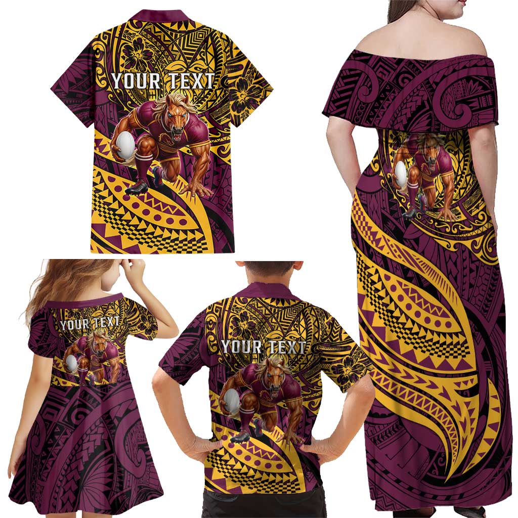 Personalised Brisbane Broncos Family Matching Off Shoulder Maxi Dress and Hawaiian Shirt Polynesian Pattern Warrior Horse Rugby