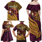 Personalised Brisbane Broncos Family Matching Off Shoulder Maxi Dress and Hawaiian Shirt Polynesian Pattern Warrior Horse Rugby