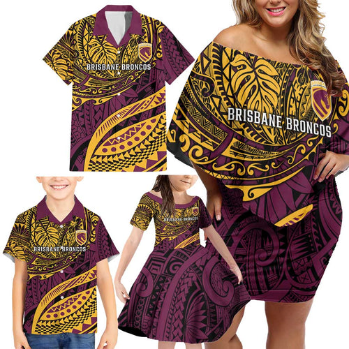 Personalised Brisbane Broncos Family Matching Off Shoulder Short Dress and Hawaiian Shirt Polynesian Pattern Warrior Horse Rugby