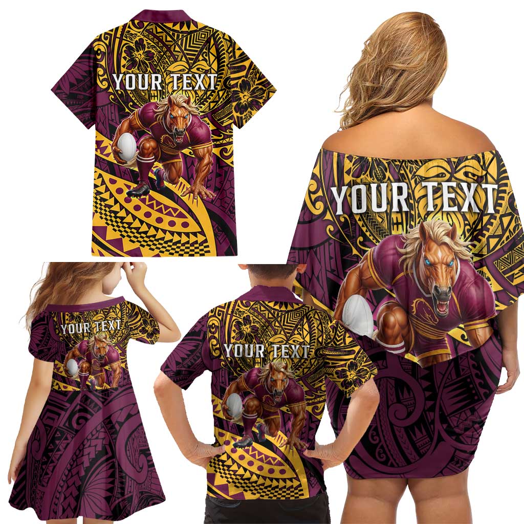Personalised Brisbane Broncos Family Matching Off Shoulder Short Dress and Hawaiian Shirt Polynesian Pattern Warrior Horse Rugby