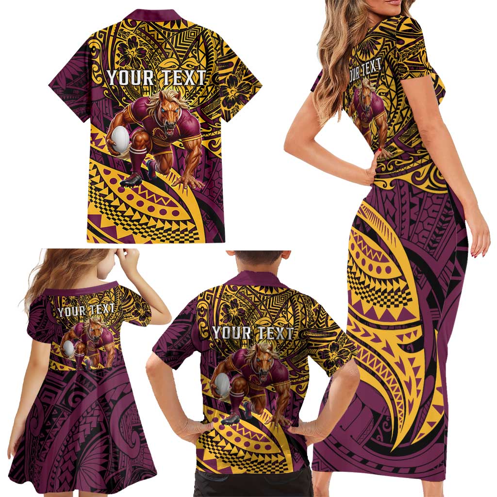 Personalised Brisbane Broncos Family Matching Short Sleeve Bodycon Dress and Hawaiian Shirt Polynesian Pattern Warrior Horse Rugby
