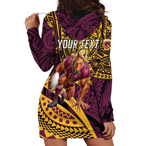 Personalised Brisbane Broncos Hoodie Dress Polynesian Pattern Warrior Horse Rugby