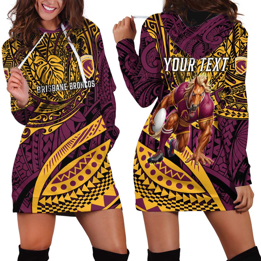 Personalised Brisbane Broncos Hoodie Dress Polynesian Pattern Warrior Horse Rugby