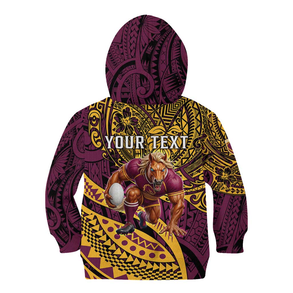 Personalised Brisbane Broncos Kid Hoodie Polynesian Pattern Warrior Horse Rugby