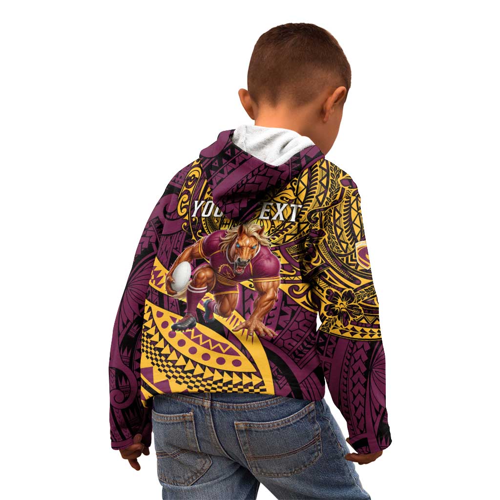 Personalised Brisbane Broncos Kid Hoodie Polynesian Pattern Warrior Horse Rugby