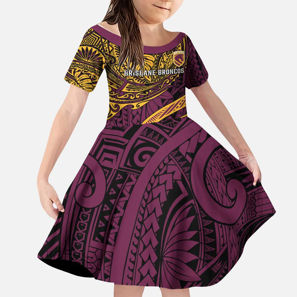 Personalised Brisbane Broncos Kid Short Sleeve Dress Polynesian Pattern Warrior Horse Rugby