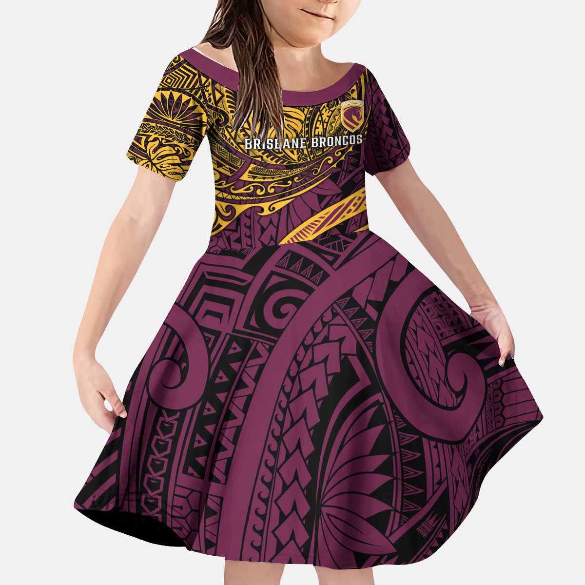 Personalised Brisbane Broncos Kid Short Sleeve Dress Polynesian Pattern Warrior Horse Rugby