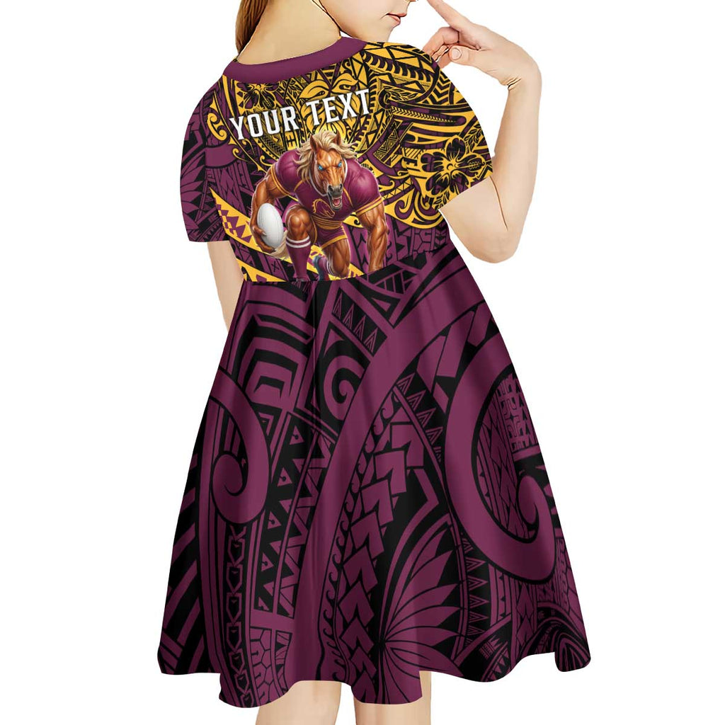 Personalised Brisbane Broncos Kid Short Sleeve Dress Polynesian Pattern Warrior Horse Rugby