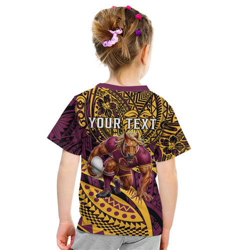 Personalised Brisbane Broncos Kid T Shirt Polynesian Pattern Warrior Horse Rugby