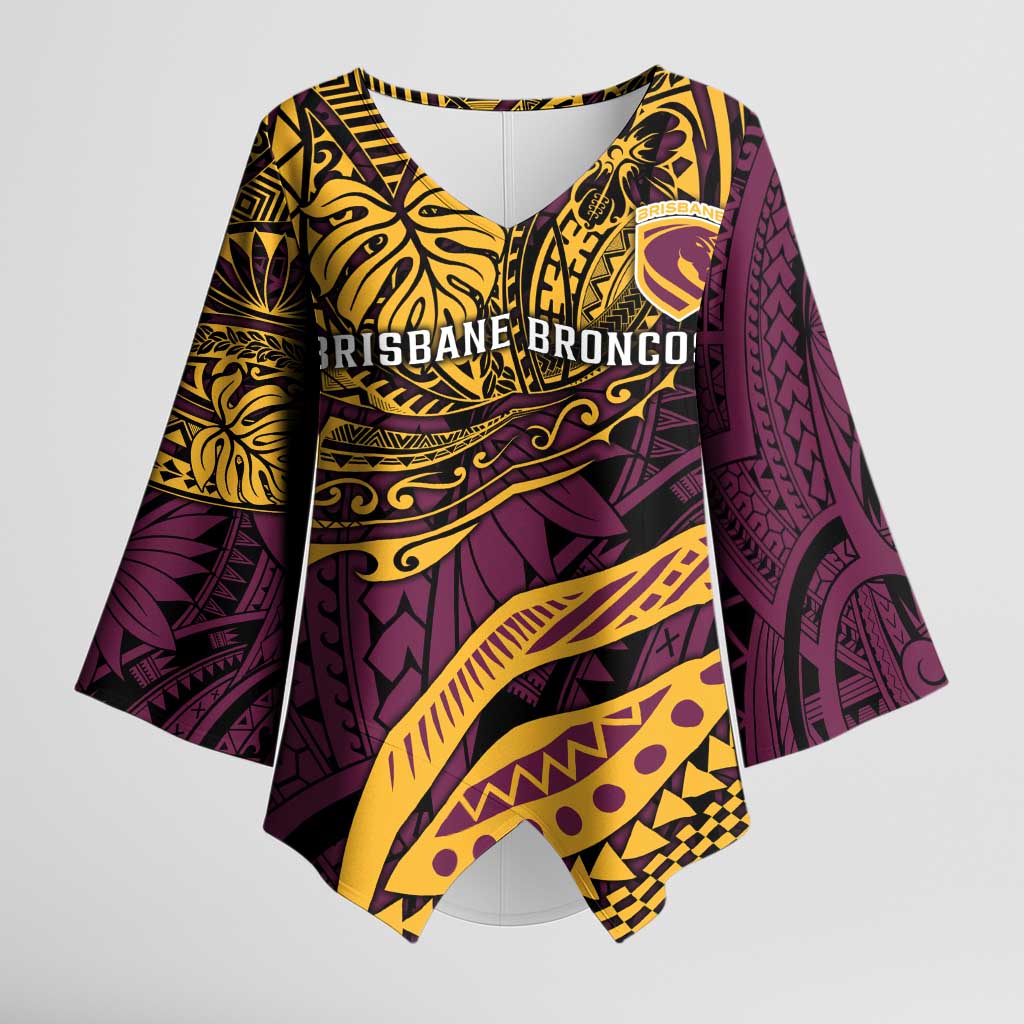 Personalised Brisbane Broncos Kimono Sleeve Blouse Polynesian Pattern Warrior Horse Rugby