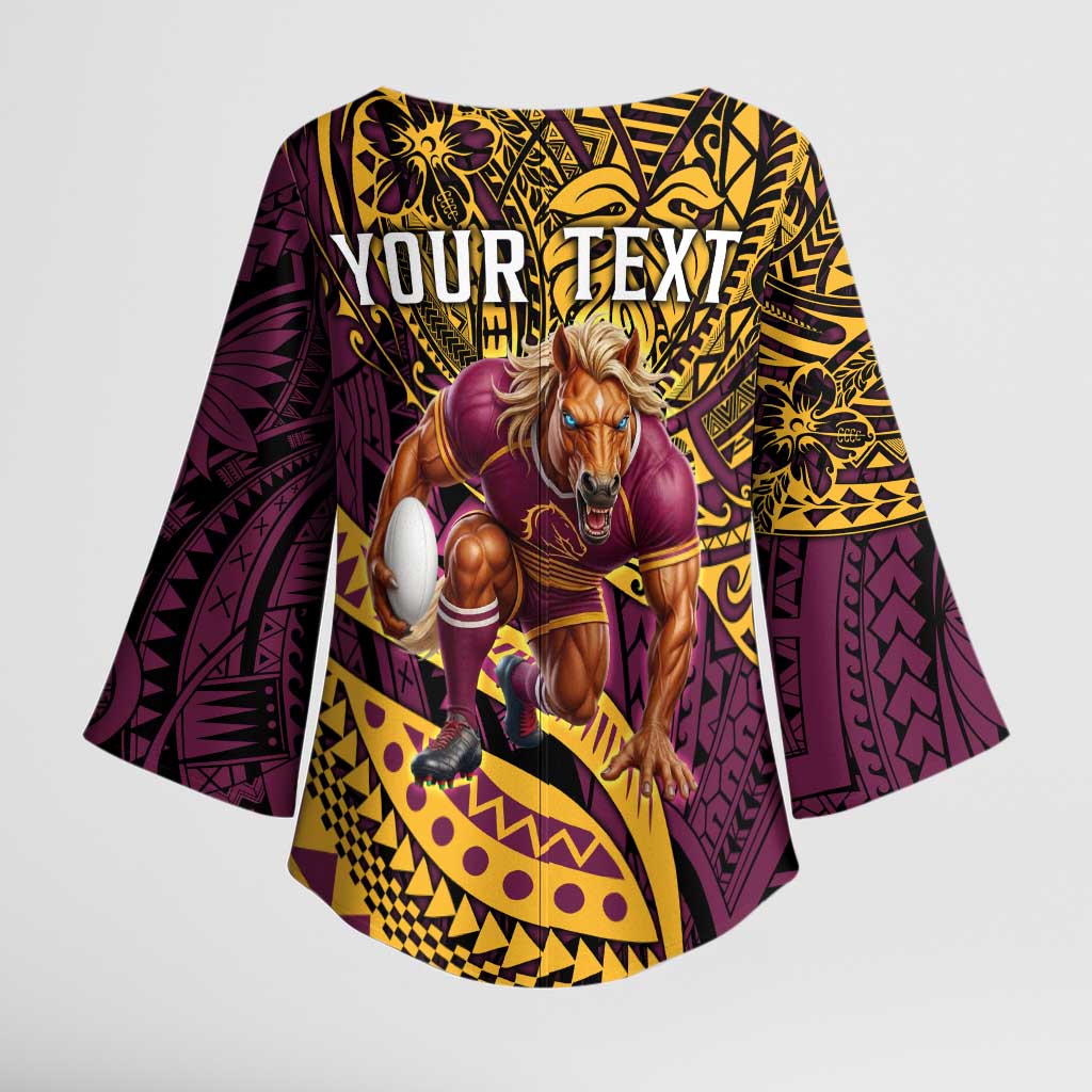 Personalised Brisbane Broncos Kimono Sleeve Blouse Polynesian Pattern Warrior Horse Rugby