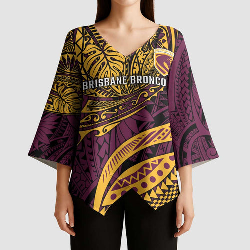 Personalised Brisbane Broncos Kimono Sleeve Blouse Polynesian Pattern Warrior Horse Rugby