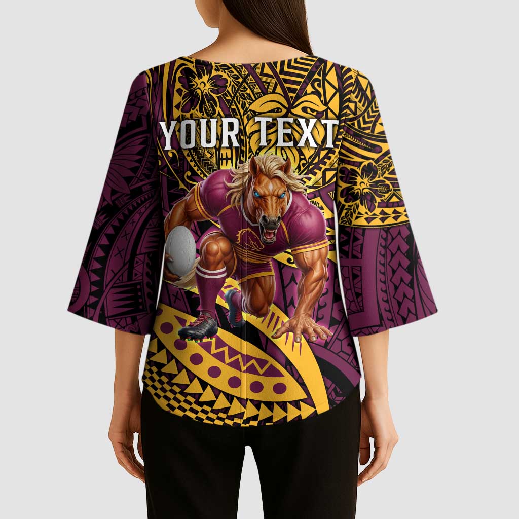 Personalised Brisbane Broncos Kimono Sleeve Blouse Polynesian Pattern Warrior Horse Rugby