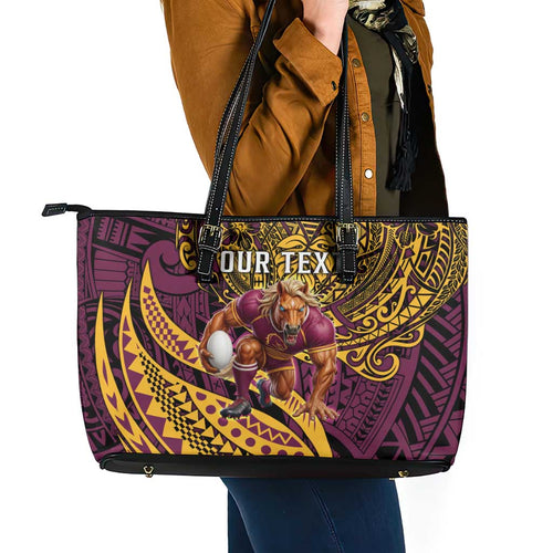 Personalised Brisbane Broncos Leather Tote Bag Polynesian Pattern Warrior Horse Rugby