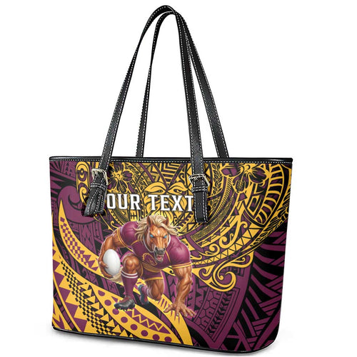 Personalised Brisbane Broncos Leather Tote Bag Polynesian Pattern Warrior Horse Rugby