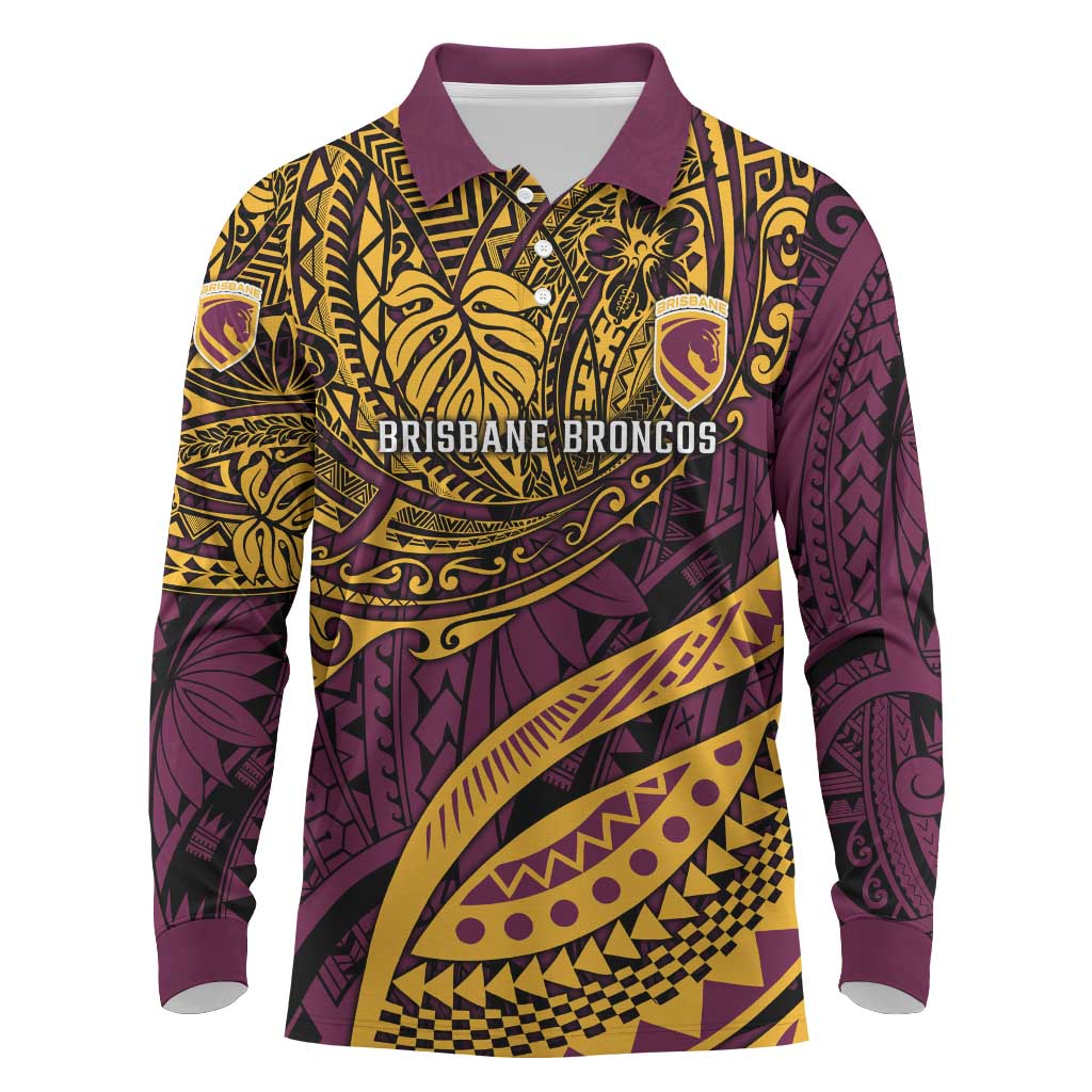 Personalised Brisbane Broncos Long Sleeve Polo Shirt Polynesian Pattern Warrior Horse Rugby