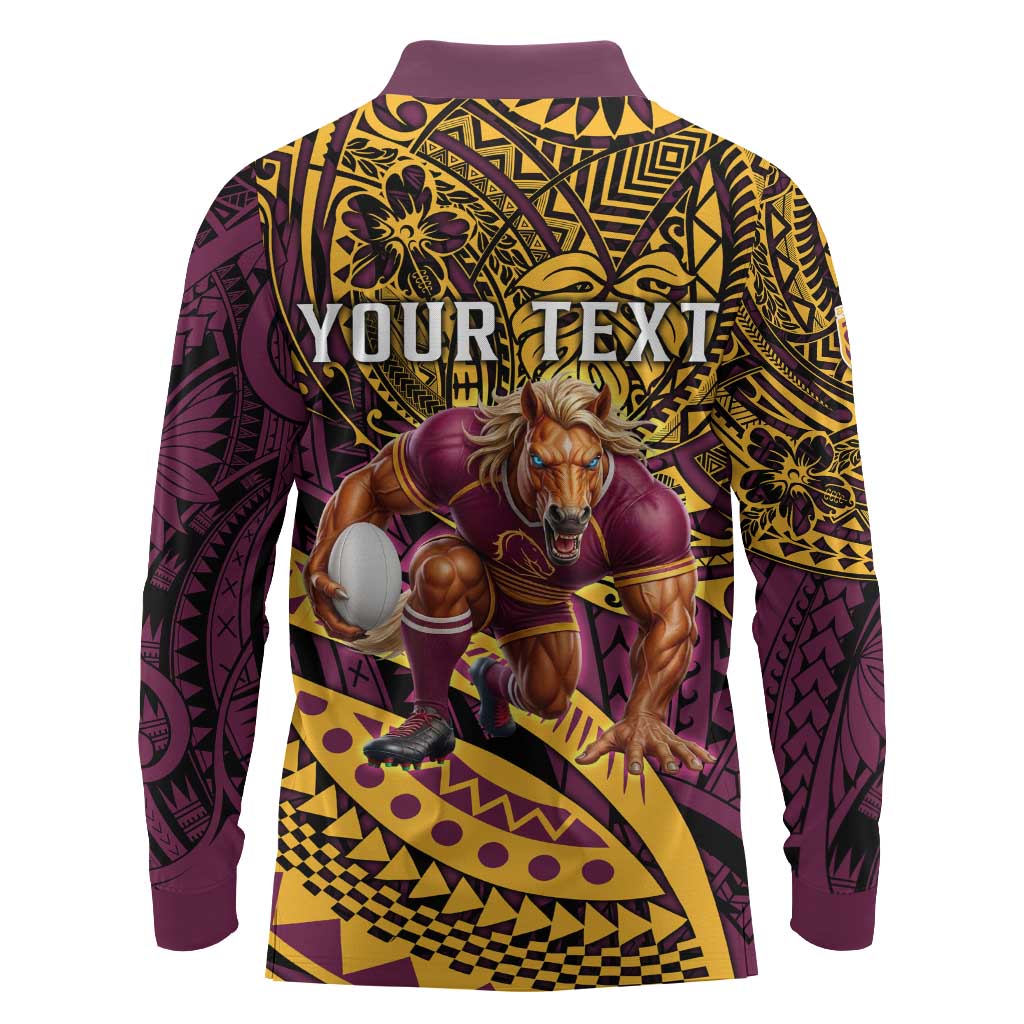 Personalised Brisbane Broncos Long Sleeve Polo Shirt Polynesian Pattern Warrior Horse Rugby