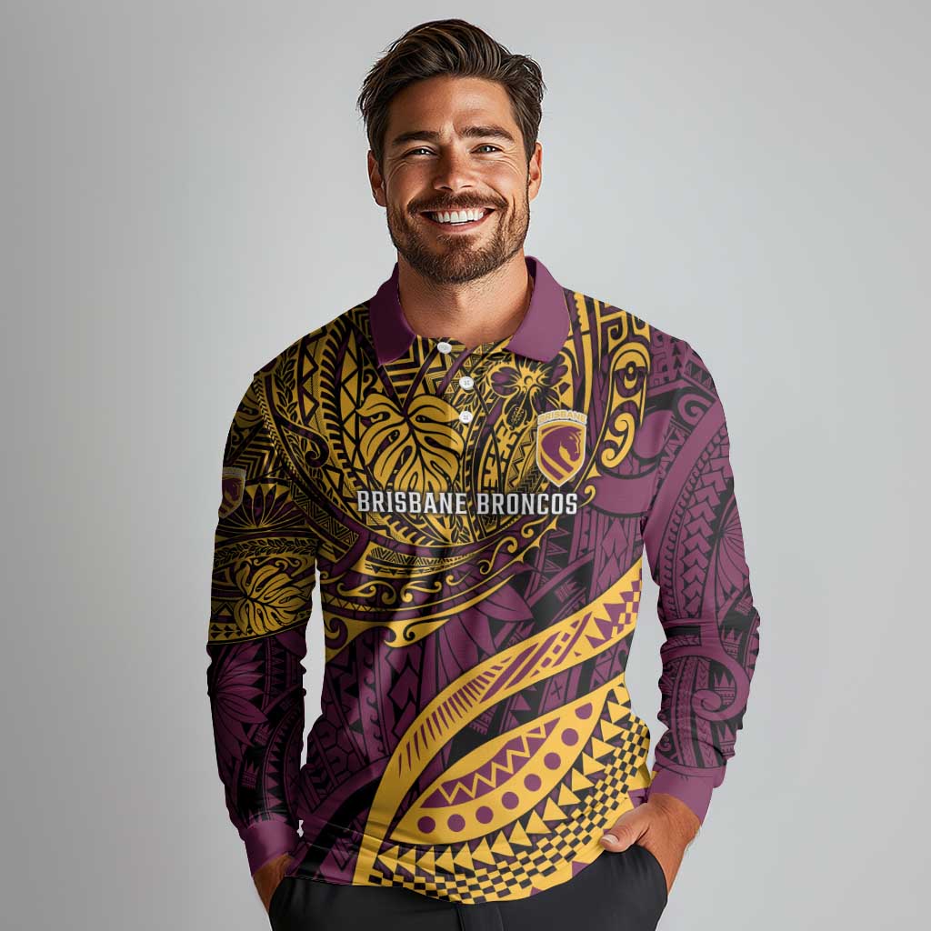 Personalised Brisbane Broncos Long Sleeve Polo Shirt Polynesian Pattern Warrior Horse Rugby