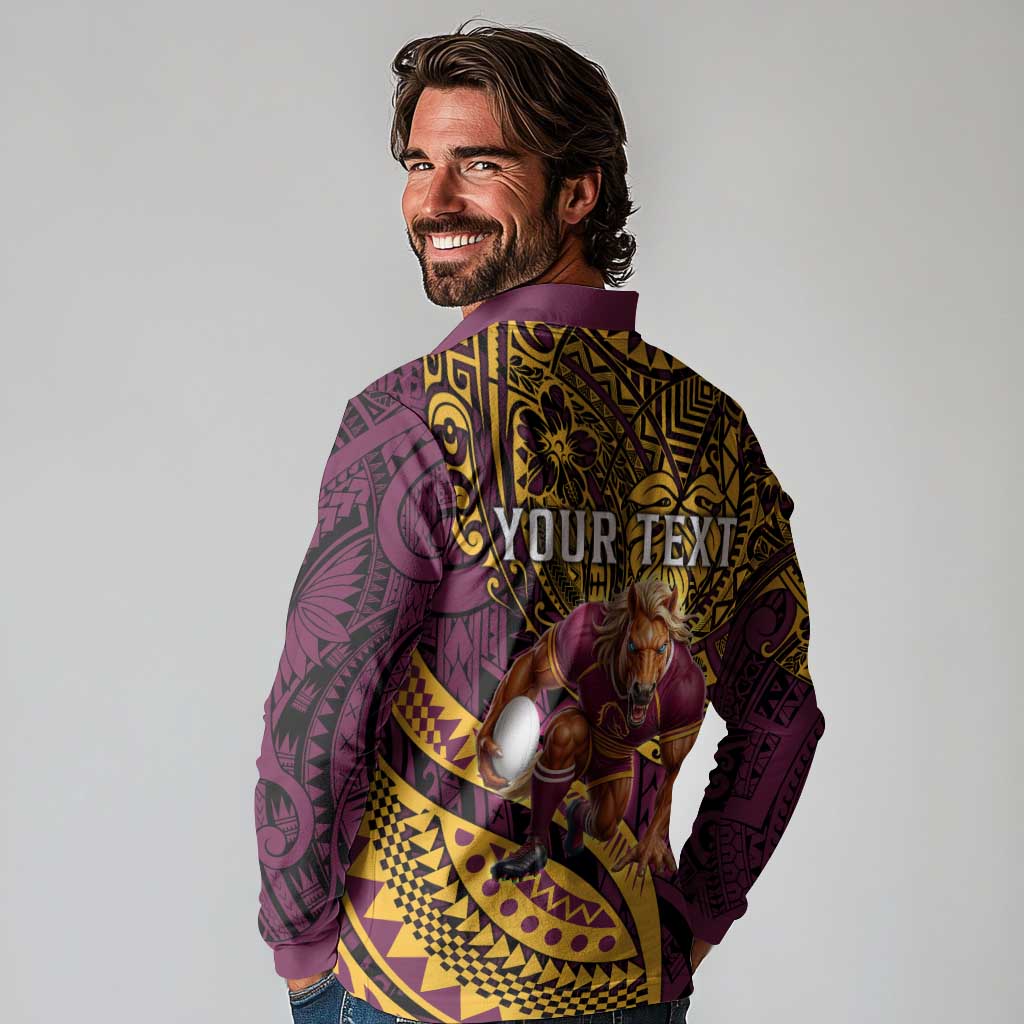 Personalised Brisbane Broncos Long Sleeve Polo Shirt Polynesian Pattern Warrior Horse Rugby