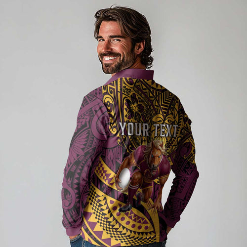 Personalised Brisbane Broncos Long Sleeve Polo Shirt Polynesian Pattern Warrior Horse Rugby