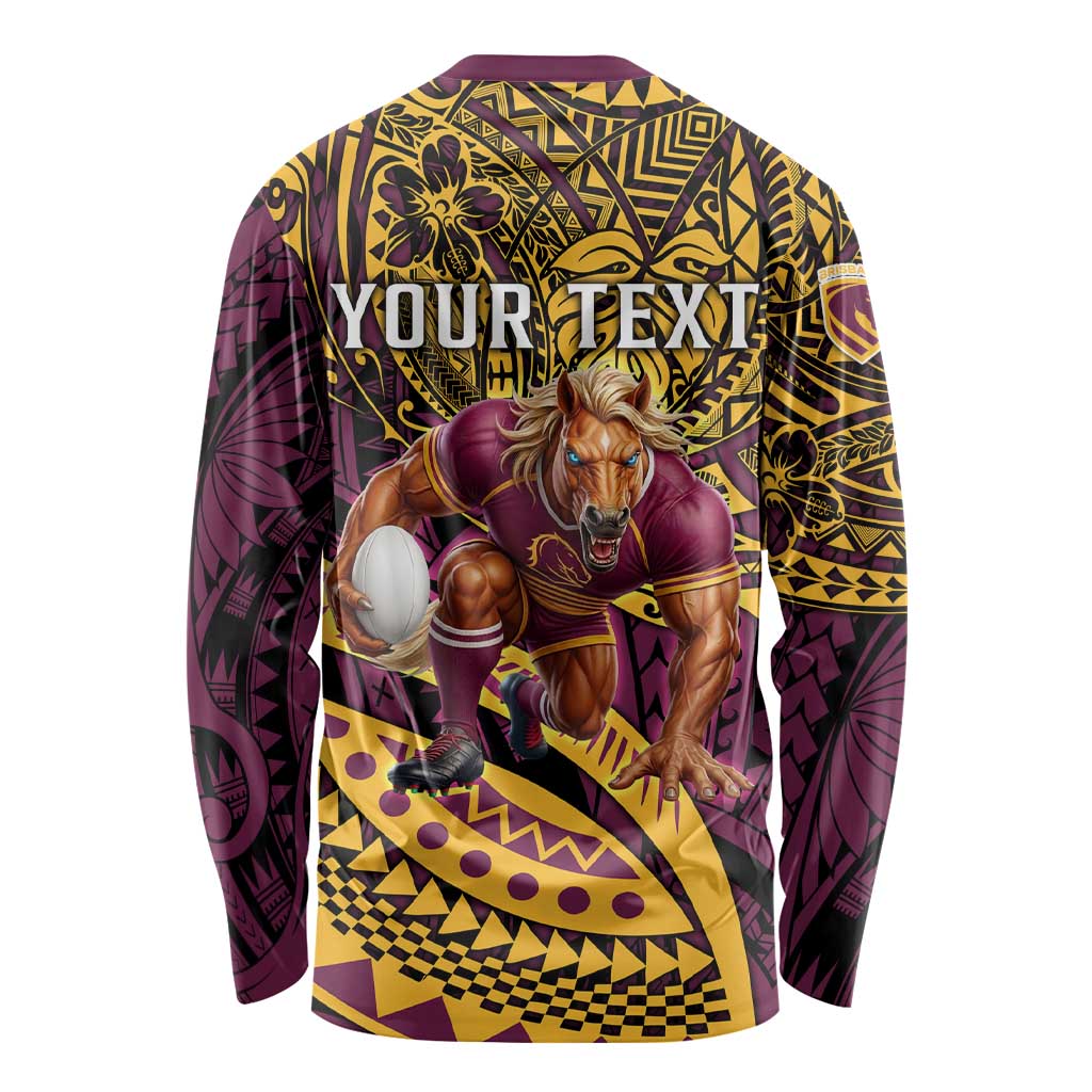 Personalised Brisbane Broncos Long Sleeve Shirt Polynesian Pattern Warrior Horse Rugby