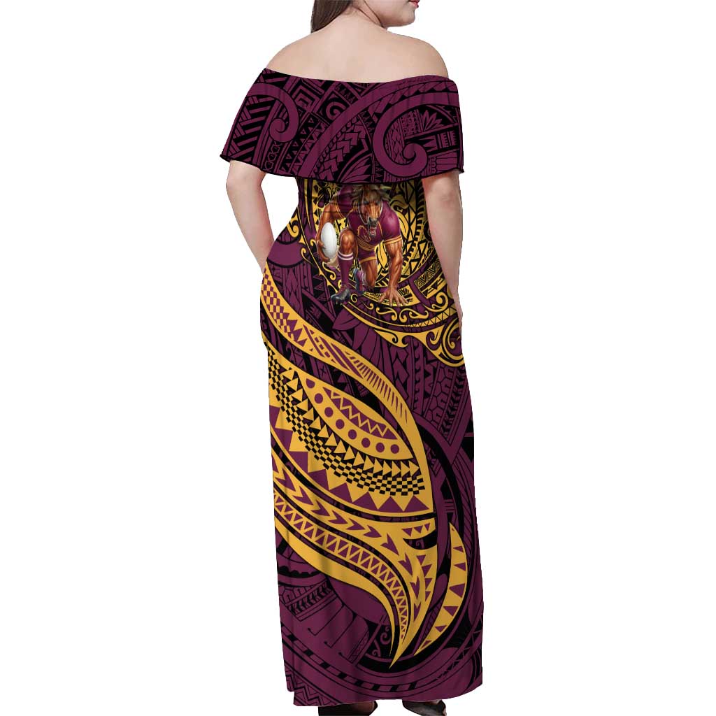 Personalised Brisbane Broncos Off Shoulder Maxi Dress Polynesian Pattern Warrior Horse Rugby