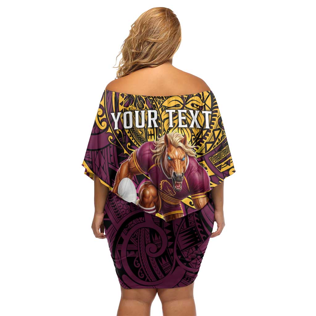 Personalised Brisbane Broncos Off Shoulder Short Dress Polynesian Pattern Warrior Horse Rugby