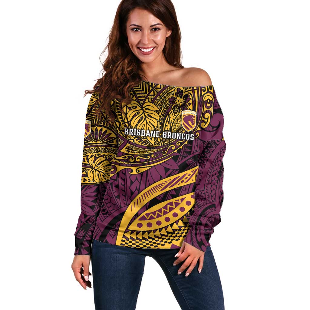 Personalised Brisbane Broncos Off Shoulder Sweater Polynesian Pattern Warrior Horse Rugby