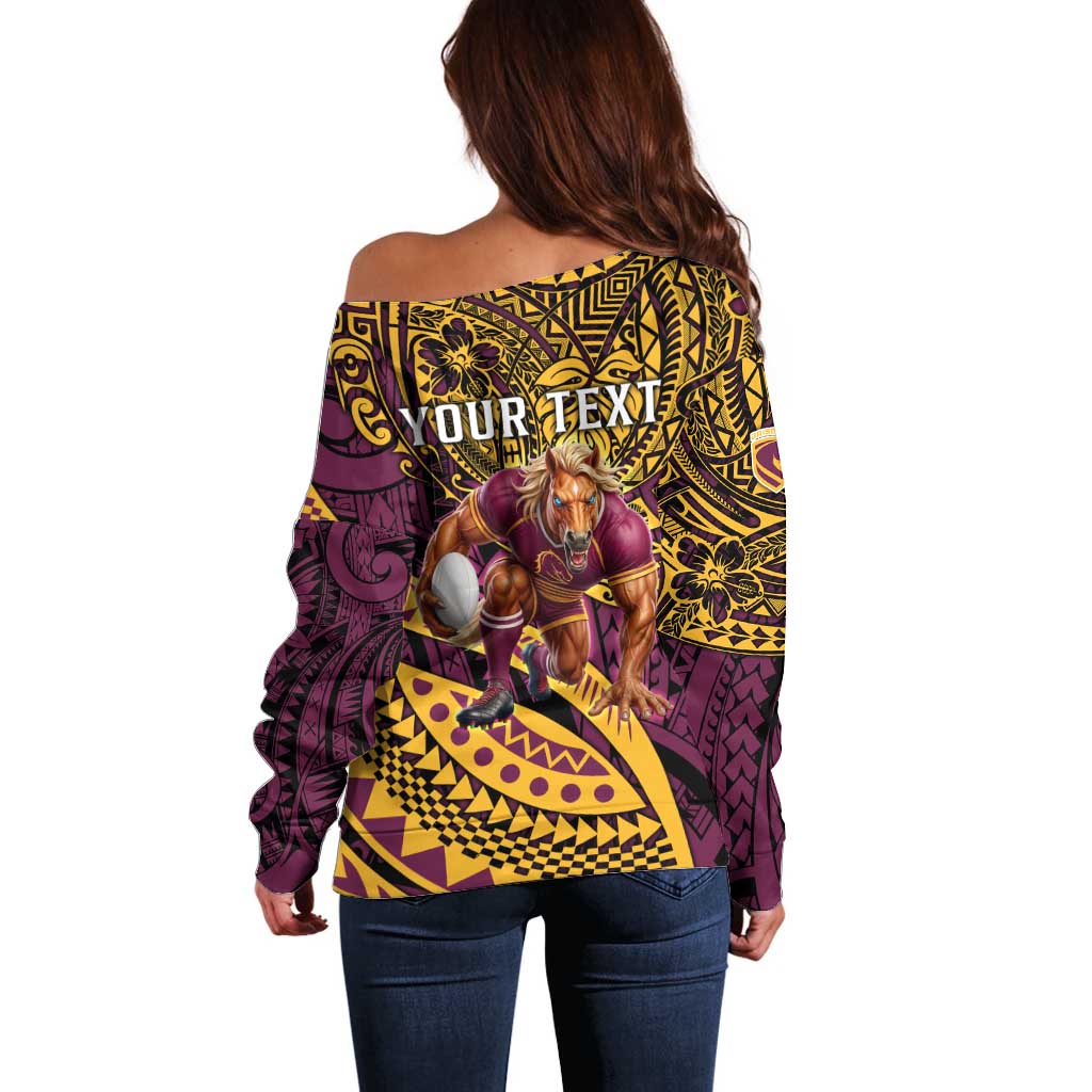 Personalised Brisbane Broncos Off Shoulder Sweater Polynesian Pattern Warrior Horse Rugby